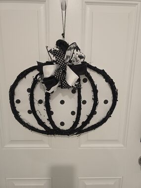 Black & White Polka Dot Pumpkin Door Hanging - Bat Bow Halloween